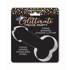 Introducing the Glitterati Penis Cookie Cutter package! The chic packaging prominently displays "Glitterati Penis Party" and "Penis Shaped Cookie Cutter," highlighting its "High-Quality Stainless Steel." Enhance your celebrations with this premium, food-grade tool. The package features a sleek black background adorned with a diamond-like pattern at the top.👑🍪