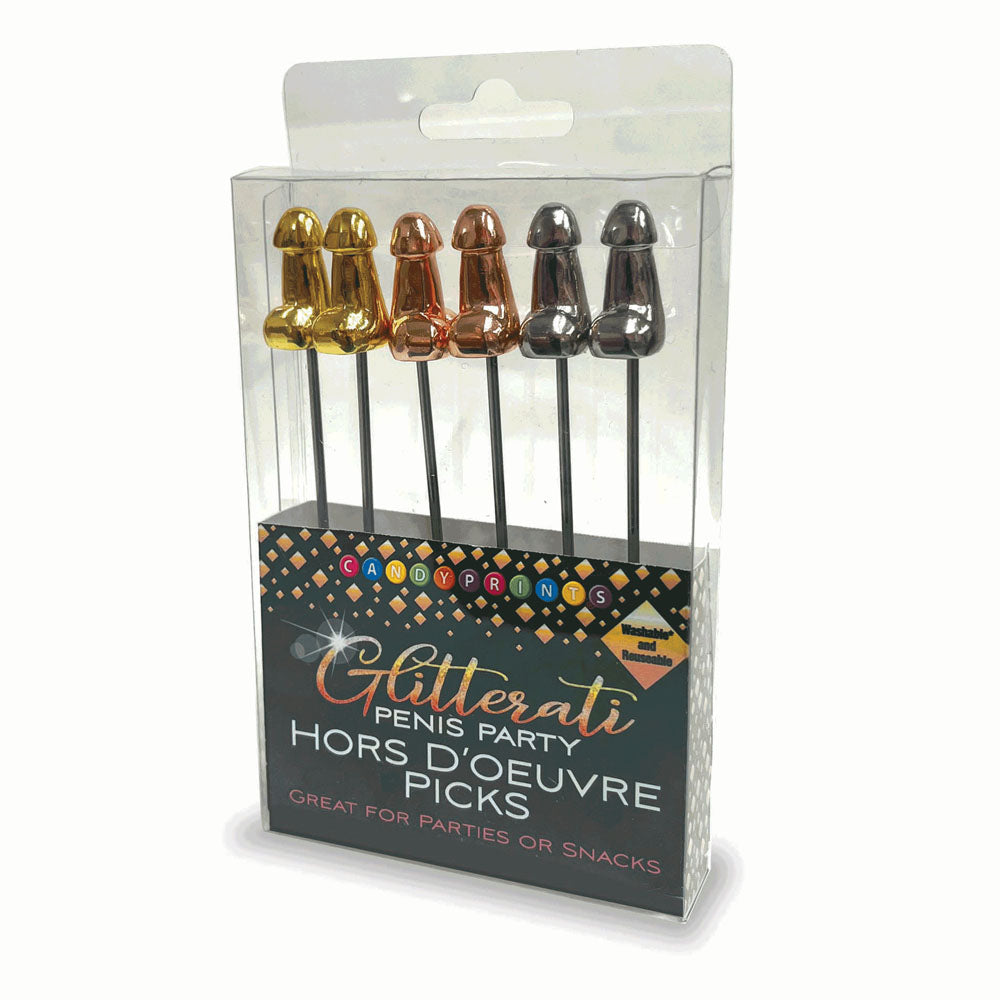 Introducing the Glitterati Hors d'Oeuvre Picks - 6 Pack from Candy Prints! These appetizer picks are designed as penis-shaped skewers in shimmering metallic gold, copper, and silver colors. Perfect for any hens party, the festive packaging declares, "Great for parties or snacks.