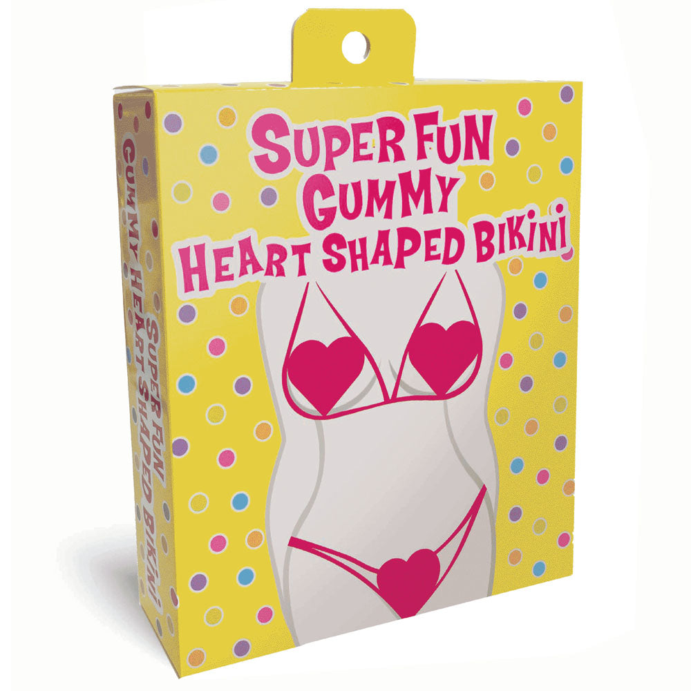 A yellow box with polka dots that reads "Super Fun Gummy Heart Shaped Bikini." The packaging features a white silhouette of a body donning a bikini made of red gummy hearts with adjustable tie straps, making it an irresistible treat.