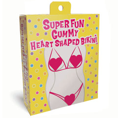A yellow box with polka dots that reads "Super Fun Gummy Heart Shaped Bikini." The packaging features a white silhouette of a body donning a bikini made of red gummy hearts with adjustable tie straps, making it an irresistible treat.