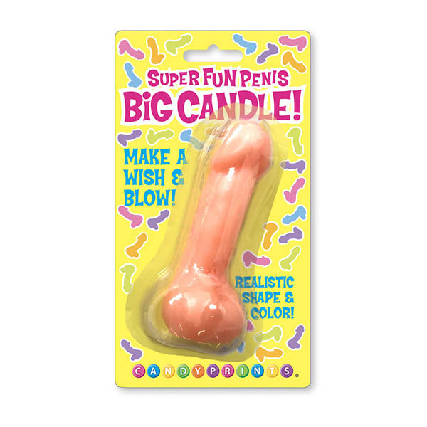 The Super Fun BIG Penis Candle, packaged in a yellow blister pack adorned with colorful penis-shaped graphics, is sure to be a hit. The packaging reads "Super Fun Penis Big Candle! Make a wish & blow!" and "Realistic shape & color!" Branded as "Candyprints," this funny candle is perfect for any novelty event.