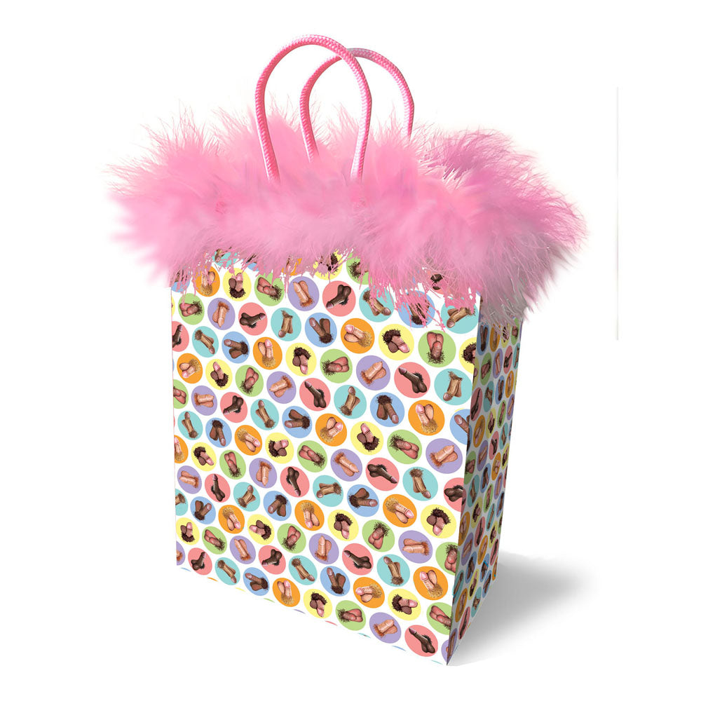 Introducing the Dirty Penis Gift Bag, a vibrant and playful accessory perfect for a hen's party. It features an eye-catching pattern of high-heeled shoes in various colors, with pink fluffy feathers adorning the top. This fun and sassy gift bag comes with two sturdy pink ribbon handles for easy carrying.
