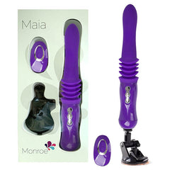The Maia Monroe - Purple 38 cm USB Rechargeable Thrusting Vibrator set for adults features a sleek, segmented thrusting vaginal and anal toy equipped with a suction cup base, wireless remote control, and charging port. The items are displayed both inside and outside of the packaging, which includes text that reads "Maia" and "Monroe.