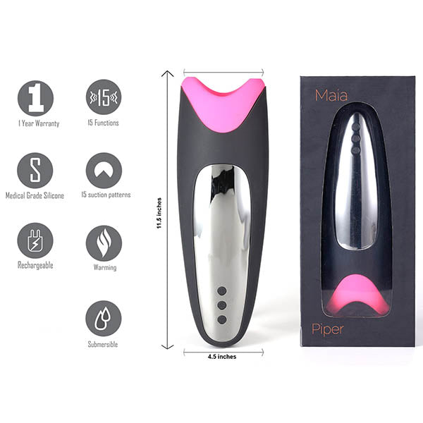 A Maia Piper is displayed alongside its box, showcasing a sleek black design with pink accents. Measuring 11.5 inches in height and 4.5 inches in width, this multi-function personal massager features medical grade silicone, 15 suction settings, rechargeable capabilities, a warming function, and is submersible. It also comes with a 1-year warranty.