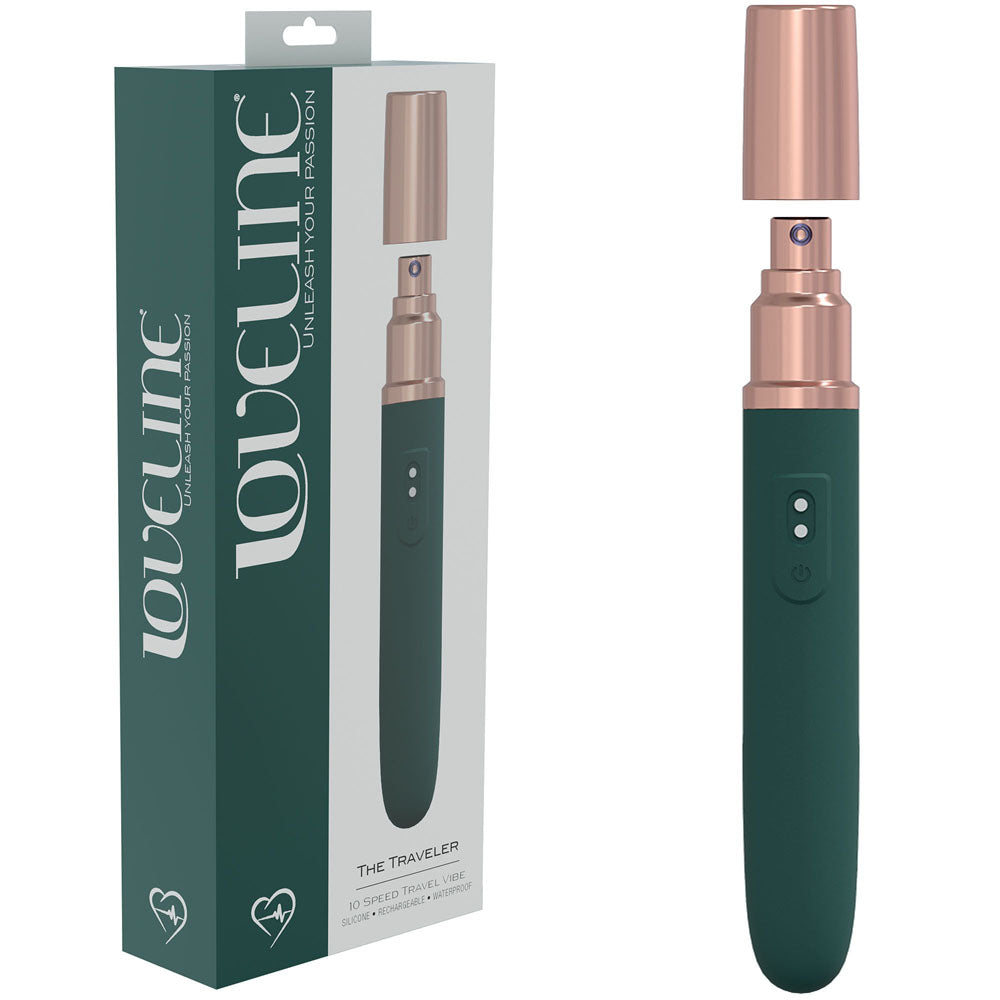 A photo of a personal massager and its packaging. The LOVELINE The Traveler Vibrator has a sleek green body with rose gold accents and a removable cap. The packaging displays the same massager and prominently features the brand name "Loveline" along with the product name "The Traveler" in large font, ideal for clitoral stimulation.