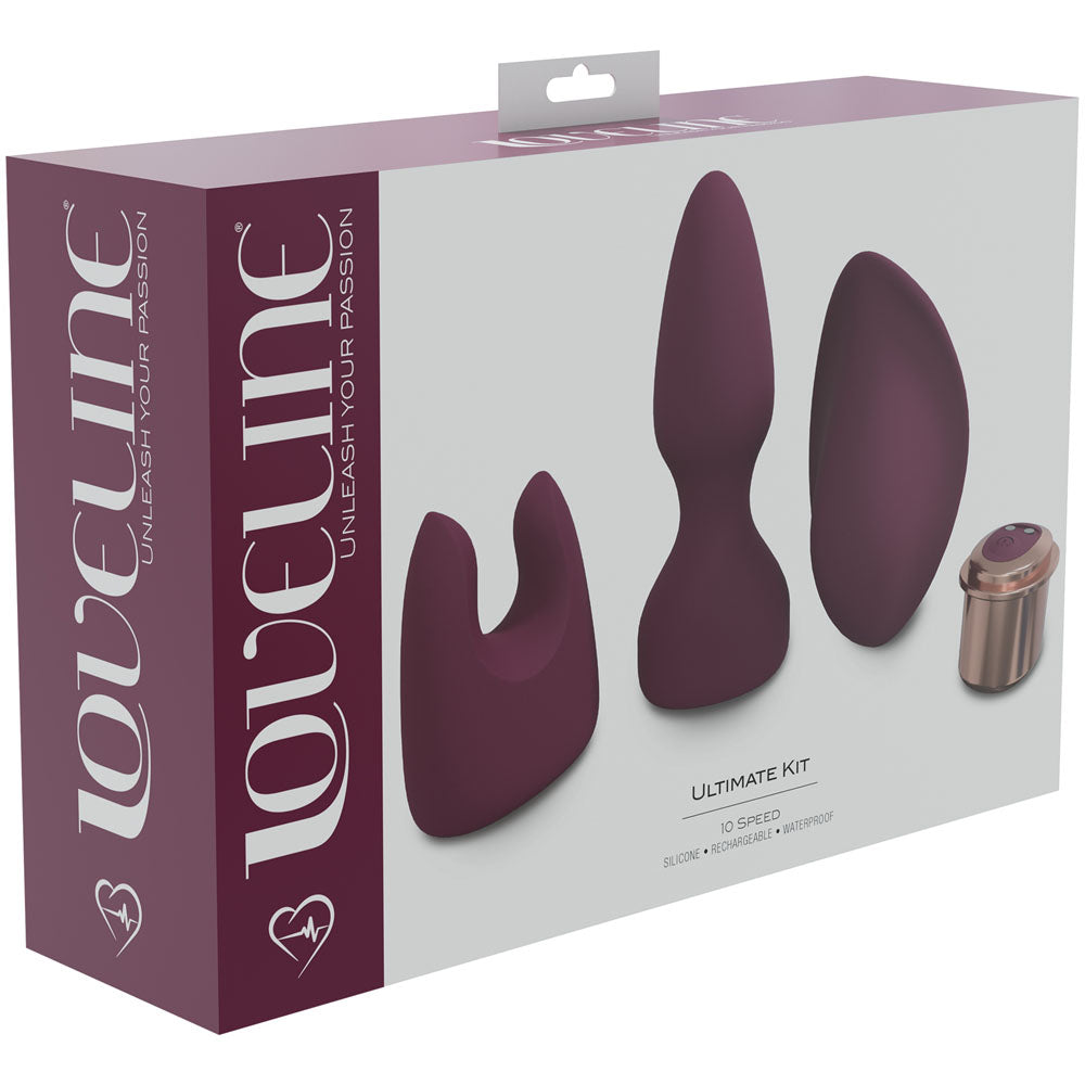 Image of a LOVELINE Ultimate Bullet Vibrator Kit - Burgundy product package. The white and maroon box displays images of three burgundy adult toy attachments and a small remote control. Text on the box reads "Loveline: Unleash Your Passion," "10 Speed, Quiet bullet vibrator, Magnetic rechargeable, Medical-grade silicone, & Waterproof.