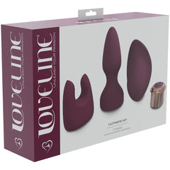 Image of a LOVELINE Ultimate Bullet Vibrator Kit - Burgundy product package. The white and maroon box displays images of three burgundy adult toy attachments and a small remote control. Text on the box reads "Loveline: Unleash Your Passion," "10 Speed, Quiet bullet vibrator, Magnetic rechargeable, Medical-grade silicone, & Waterproof.