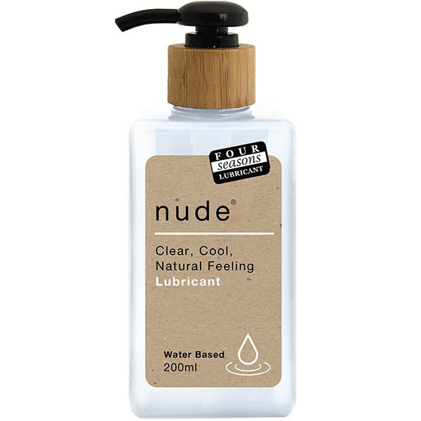 A clear pump bottle with a wooden cap, labeled "Four Seasons Nude." The label reads "nude" and describes the product as a "Clear, Cool, Natural Feeling, Long-Lasting Water-Based Lubricant." It has a capacity of 200ml.