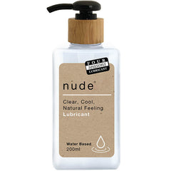 A clear pump bottle with a wooden cap, labeled "Four Seasons Nude." The label reads "nude" and describes the product as a "Clear, Cool, Natural Feeling, Long-Lasting Water-Based Lubricant." It has a capacity of 200ml.