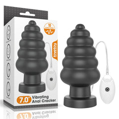 A product image featuring the "King Sized 7'' Vibrating Anal Cracker Butt Plug" made of phthalate-free PVC material. The black, ribbed, and tapered toy includes a remote control attached via a cord. The packaging highlights its 10 vibration functions and 3 vibration speeds for customized pleasure.