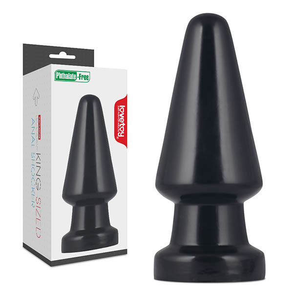 The image showcases the King Sized 7.5" Anal Shocker Butt Plug, a large, black adult toy made of smooth antibacterial PVC material. It is displayed both in its packaging and a standalone view beside the box. The box features text highlighting its phthalate-free and body-safe nature, along with branding details.