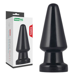 The image showcases the King Sized 7.5" Anal Shocker Butt Plug, a large, black adult toy made of smooth antibacterial PVC material. It is displayed both in its packaging and a standalone view beside the box. The box features text highlighting its phthalate-free and body-safe nature, along with branding details.