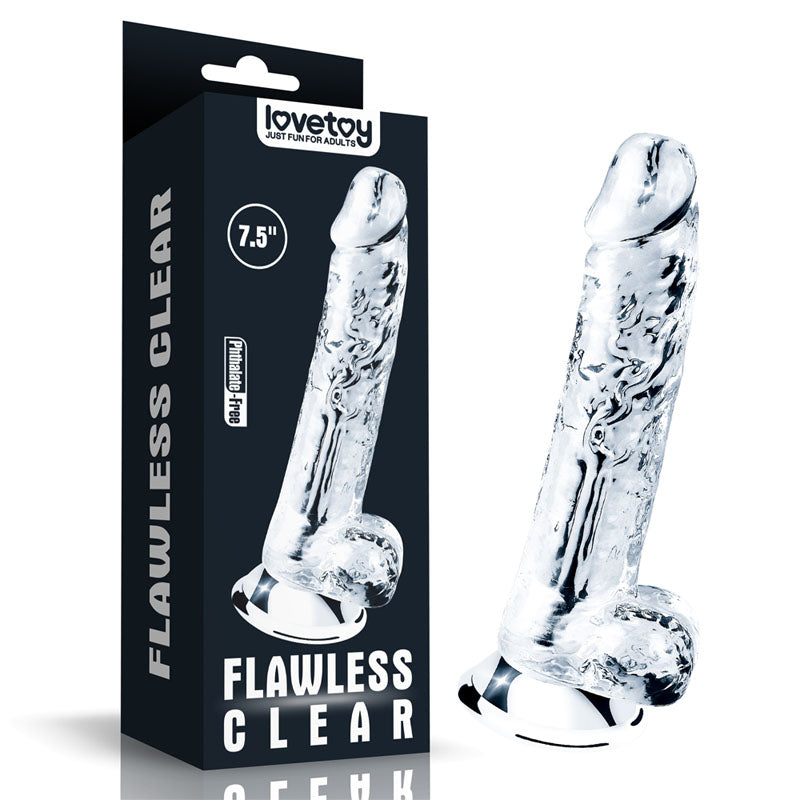 A transparent dildo with a realistic design is shown next to its black packaging box. The box, labeled "Flawless Clear Dildo 7.5''," presents the sex toy as 7.5 inches long, made by Lovetoy, and highlighting features like a strong suction cup base.