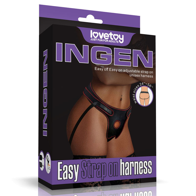 The image depicts the packaging for the "Ingen Easy Black Adjustable Strap-On Harness (No Probe Included)" by Lovetoy. The black box, embellished with purple accents, features a photo of a person wearing this comfortable strap-on. The text emphasizes its user-friendly adjustable straps and stretchy webbing designed to fit waist sizes ranging from 24 to 56 inches.