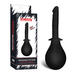 An image displays the Bondage Fetish Deluxe Douche by Lovetoy, an ideal choice for hygienic anal play. The black product features a bulb base and a uniquely twisted tapered nozzle. Beside the product stands its packaging box, showcasing consistent design and branding elements.