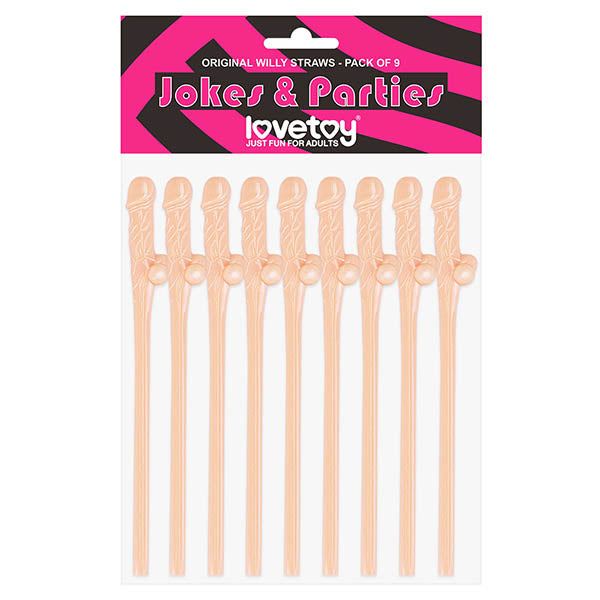 Package of nine flesh-colored novelty dicky straws shaped like male genitalia, labeled "Jokes & Parties" and "Original Willy Straws." The product is from the brand "lovetoy" and is marketed as adult party supplies for hens night. The packaging features a pink and black design.