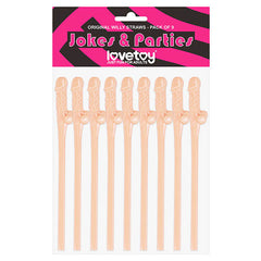Package of nine flesh-colored novelty dicky straws shaped like male genitalia, labeled "Jokes & Parties" and "Original Willy Straws." The product is from the brand "lovetoy" and is marketed as adult party supplies for hens night. The packaging features a pink and black design.