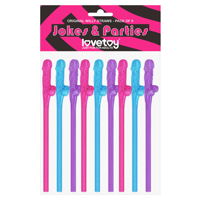A package of 9 humorously penis-shaped straws in pink, blue, and purple from the "Jokes & Parties Original Willy Straws" collection by Lovetoy. The packaging features a black and pink striped design, making it perfect for hens night fun.