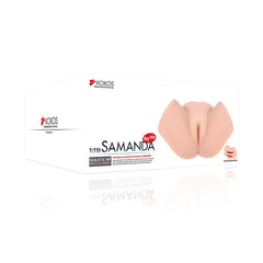 A product box features the brand Kokos and showcases a realistic hip replica named "Kokos Big Hip Samanda." The box, made primarily of TPR material, is white with the image of the hip replica in the center. Brand and product information are visible, along with a "Big Hip" label.