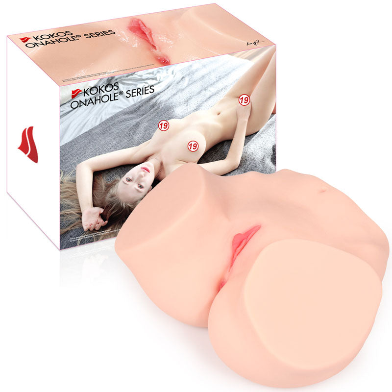 A product image showcasing a Kokos Big Hip Hanna 001 item. The Realistic Onahole is a life-like replica of the pelvic area in a nude color, displayed in front of its packaging box, which features a model with perfect body proportions lying down.