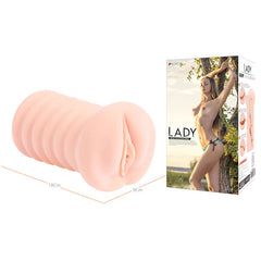 A pink, flesh-toned adult novelty toy from the Kokos Three Sisters - Lady range, made of soft real-feel silicone, is pictured next to its retail packaging. The packaging features an outdoor scene with a nude woman and relevant product information. The toy measures approximately 18cm in length and 9cm in width.