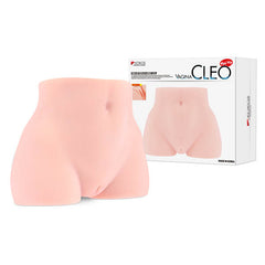 A photograph showcasing the Kokos Mini Butt Cleo Vagina - Flesh Mini Torso Masturbator, featuring a lifelike, flesh-toned silicone lower torso model created for adult enjoyment. The model, designed to deliver a powerful tightening experience and realistic sensation, is positioned beside the packaging, which displays an image of the product on its front.