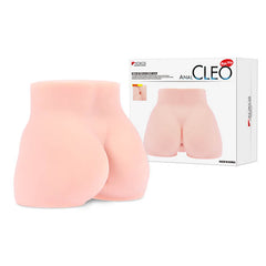 An image of a sex toy shaped like a lower torso with an emphasis on the buttocks. The Kokos Mini Butt Cleo Anal is light flesh-colored and comes with a box labeled "Anal Cleo." The packaging features illustrations and text that highlight the product's realistic feel.