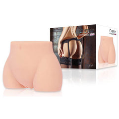 A Kokos Real Hip Cherry - Flesh Torso Masturbator displayed in front of its packaging. The box shows an image of a person wearing black lingerie with the massager underneath. Designed with a 360-degree structure, this product aims to enhance and shape the hips and buttocks realistically.