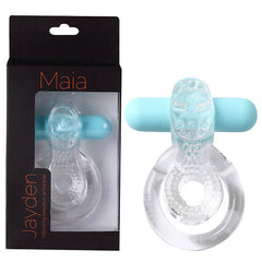 The Maia Jayden - Clear/Blue USB Rechargeable Vibrating Cock & Ball Rings, displayed both in and out of its black packaging labeled "Maia," features a clear material with a small blue vibrator attached to it, textured nubs on the surface, and offers 10 speeds. Waterproof and submersible, its packaging also highlights the name "Jayden.