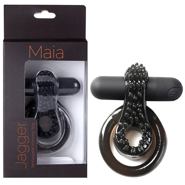 The "Maia Jagger - Black USB Rechargeable Vibrating Cock & Ball Ring" is featured alongside its packaging. The packaging, labeled "Maia," showcases the ring through a clear window. This waterproof ring includes a textured section for added stimulation and an attached slim pulsating vibrating component.