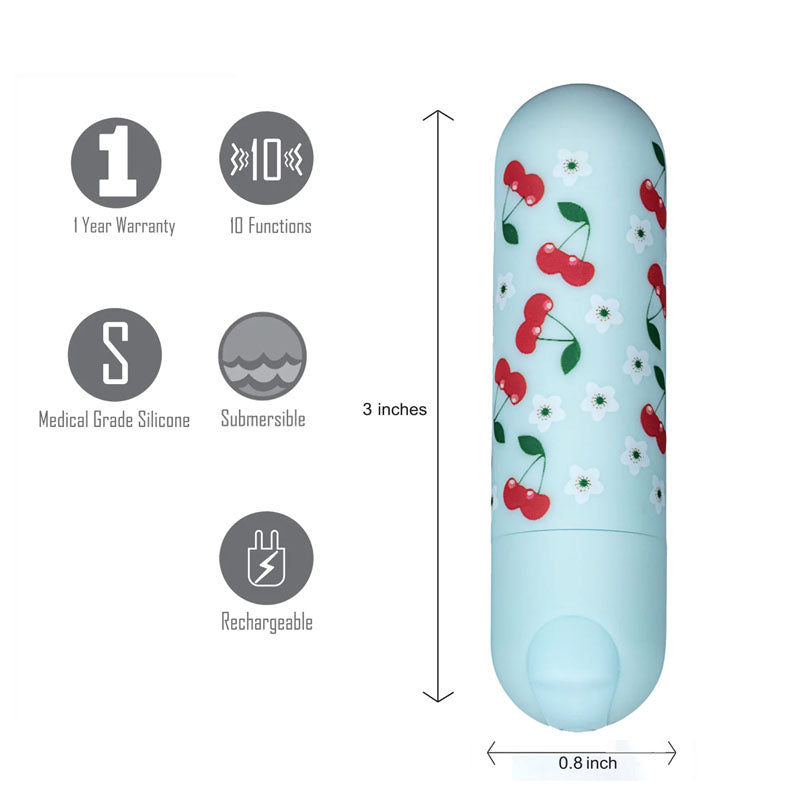 The Maia Sherri - Baby Blue 7.6 cm USB Rechargeable Bullet is a cylindrical mini-bullet vibrator adorned with a cherry and flower pattern, measuring 3 inches in length and 0.8 inches in diameter. It boasts 10 functions, is USB rechargeable, submersible, crafted from 100% medical-grade silicone, and includes a 1-year warranty.