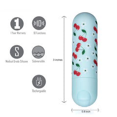 The Maia Sherri - Baby Blue 7.6 cm USB Rechargeable Bullet is a cylindrical mini-bullet vibrator adorned with a cherry and flower pattern, measuring 3 inches in length and 0.8 inches in diameter. It boasts 10 functions, is USB rechargeable, submersible, crafted from 100% medical-grade silicone, and includes a 1-year warranty.