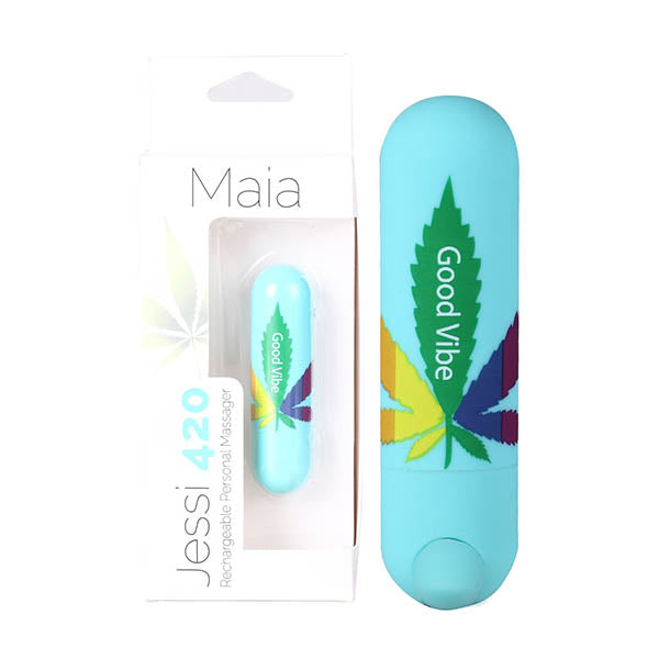 Displayed alongside its packaging is the Maia Jessi 420, a teal-colored, bullet-shaped mini massager measuring 7.6 cm. The massager showcases a vibrant cannabis leaf graphic and the text "Good Vibe." It offers 10 speeds and USB rechargeable capabilities, with the brand names "Maia" and "Jessi 420" clearly visible on the packaging.