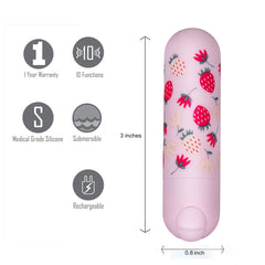 Image of the Maia Bari - Baby Pink 7.6 cm USB Rechargeable Bullet, a cylindrical pink object with strawberry patterns, measuring 3 inches in length and 0.8 inches in diameter. Text highlights its features: 1-year warranty, 10 functions, submersible capability, USB rechargeable, and crafted from 100% medical grade silicone. Icons are displayed next to each feature for this Mini-Bullet.