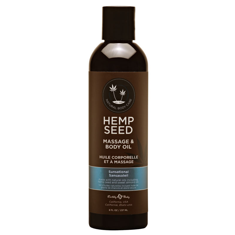 An 8 fl. oz (237 ml) bottle of Hemp Seed Massage & Body Oil - Italian Bergamot, Juniper Berries & White Wood Scented from Natural Body Care sits against a white background. The label is predominantly dark brown with light blue accents and white text. The brown bottle has a black cap and contains skin-nourishing, non-greasy hemp oil.