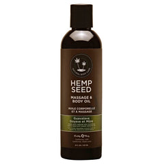 The "Hemp Seed Massage & Body Oil Guavalava" by Earthly Body comes in a brown bottle with a black cap and holds 8 fl oz (237 ml). The label, featuring information in both English and French, highlights its natural, vegan formula for quality and care.