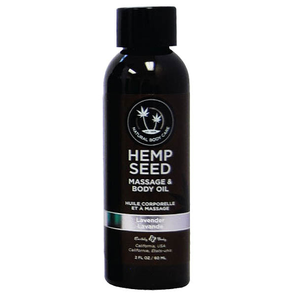 A 59 ml bottle of Hemp Seed Massage & Body Oil - Lavender Scented, in black, with a label featuring a logo and text indicating its lavender fragrance. This nourishing, all-natural massage oil from Natural Body Care is made in El Segundo, California.