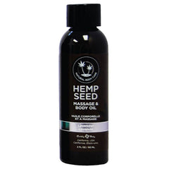 A 59 ml bottle of Hemp Seed Massage & Body Oil - Lavender Scented, in black, with a label featuring a logo and text indicating its lavender fragrance. This nourishing, all-natural massage oil from Natural Body Care is made in El Segundo, California.