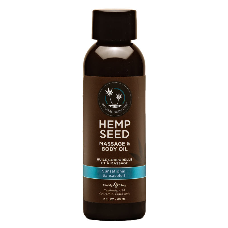 A 59 ml bottle of Hemp Seed Massage & Body Oil by Natural Body Care, labeled as "Sunsational Scented." The professional-grade massage oil features a brown label with a black cap. Text includes the product name, brand details, and location: Chatsworth, California, USA.