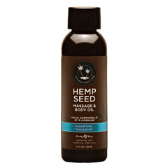 A 59 ml bottle of Hemp Seed Massage & Body Oil by Natural Body Care, labeled as "Sunsational Scented." The professional-grade massage oil features a brown label with a black cap. Text includes the product name, brand details, and location: Chatsworth, California, USA.