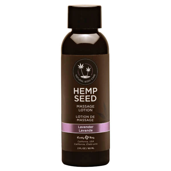 The Hemp Seed Massage Lotion Lavender - 60ml by Earthly Body comes in a dark bottle with a black cap, featuring white and lavender text. This natural body care product is enriched with nourishing Argan Oil and contains 2 fl oz (60 ml) of lotion.