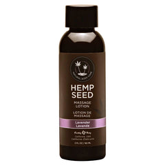 The Hemp Seed Massage Lotion Lavender - 60ml by Earthly Body comes in a dark bottle with a black cap, featuring white and lavender text. This natural body care product is enriched with nourishing Argan Oil and contains 2 fl oz (60 ml) of lotion.