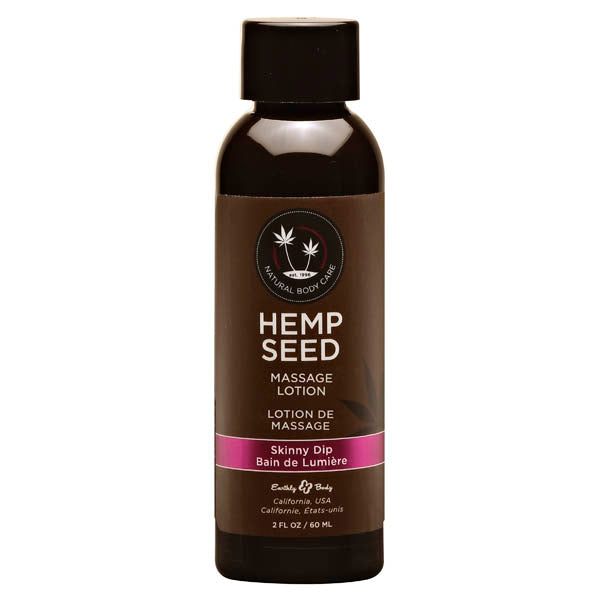 Bottle of Hemp Seed Massage Lotion with a brown label and pink highlights indicating the massage lotion variant.