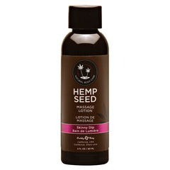 Bottle of Hemp Seed Massage Lotion with a brown label and pink highlights indicating the massage lotion variant.