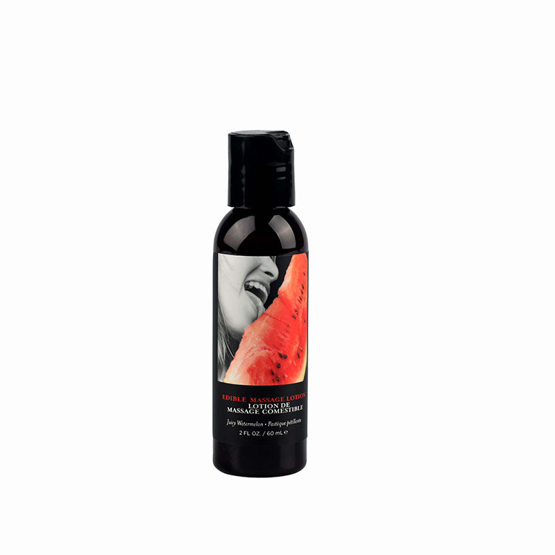 A small black bottle of Edible Massage Lotion - Watermelon 60ml by Joe Hernandez is shown. The bottle features an image of a woman, mouth open, near a slice of watermelon and contains 2 fl. oz. (60 ml). Perfect for sensual massages, it boasts nutrient-rich oils and offers deep moisturizing with a delightful watermelon scent.