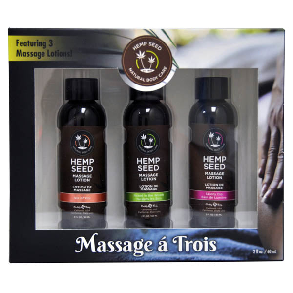 Experience the "Hemp Seed Massage A Trois - Scented Massage Lotion Kit," which includes three 2 fl oz (60 ml) bottles of Hemp Seed Oil Massage Lotion in different enticing scents. The beautifully designed black and transparent box features detailed graphics and text that describe the product.
