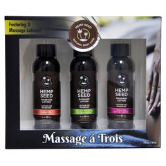 Experience the "Hemp Seed Massage A Trois - Scented Massage Lotion Kit," which includes three 2 fl oz (60 ml) bottles of Hemp Seed Oil Massage Lotion in different enticing scents. The beautifully designed black and transparent box features detailed graphics and text that describe the product.