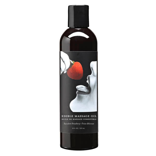 A black bottle of the "Edible Strawberry Massage Oil 237ml" features a label with an image of a person about to taste a strawberry held by another person. The text on the label reads "Edible Massage Oil - Succulent Strawberry" and indicates that the bottle contains 8 fl oz (237 ml) of 100% vegan edible massage oil.