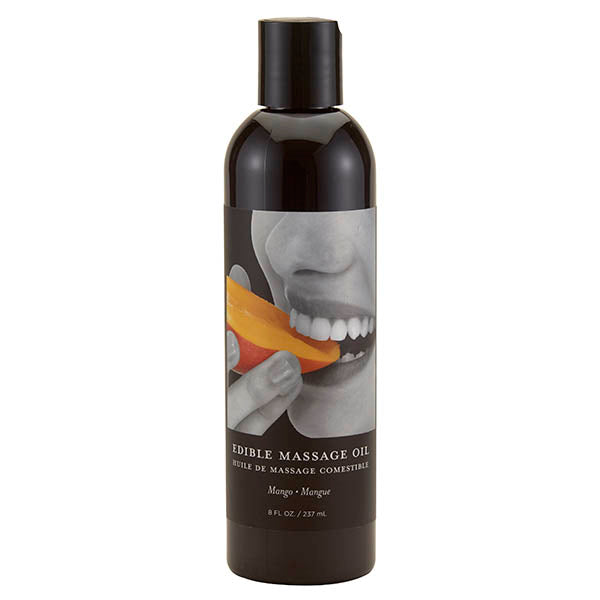A black bottle labeled "Edible Massage Oil - Mango Flavoured" featuring a photo of someone biting into a mango. The 237 ml (8 fl oz) bottle boasts a vegan, edible formulation with the delightful essence of mango.