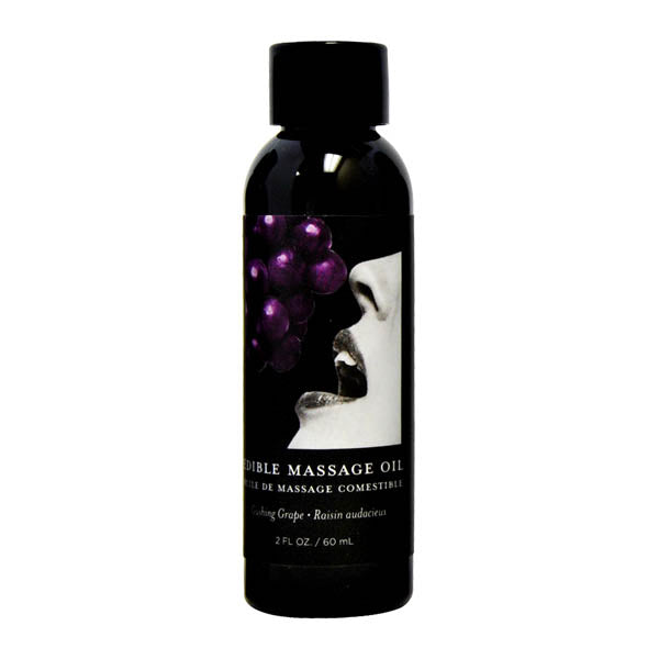 A sleek black bottle labeled "Edible Grape Massage Oil 60ml," adorned with an image of a woman's face near a bunch of grapes. Highlighting its blend of vitamin-rich oils, the text "2 FL OZ / 60 mL" is displayed at the bottom of the label.
